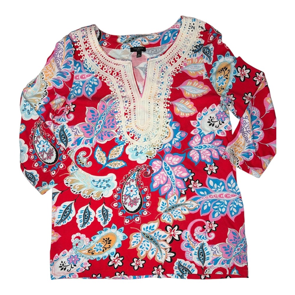 Talbots Petite Red Floral Paisley Crochet Trim Split Neck Top SP
